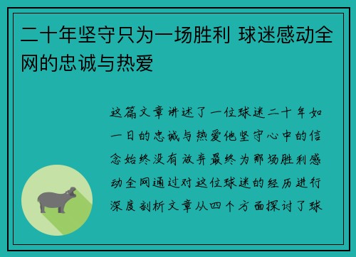 二十年坚守只为一场胜利 球迷感动全网的忠诚与热爱 二十年坚守只为一场胜利 球迷感动全网的忠诚与热爱